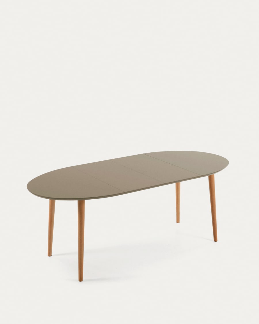 Oqui oval extendable MDF table with brown lacquer and solid beech legs 120 (200) x 90 cm