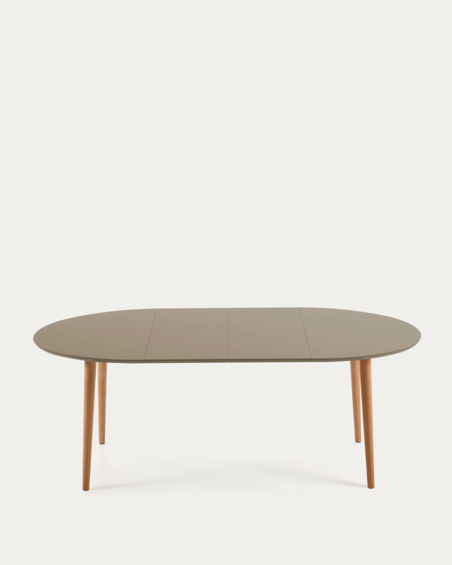 Oqui oval extendable MDF table with brown lacquer and solid beech legs 120 (200) x 90 cm
