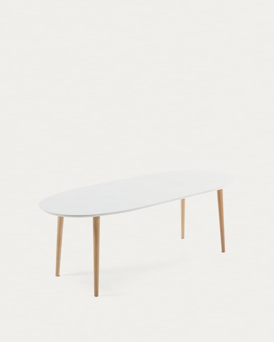 Oqui oval extendable MDF table with white lacquer and solid beech legs 140(220)x90 cm