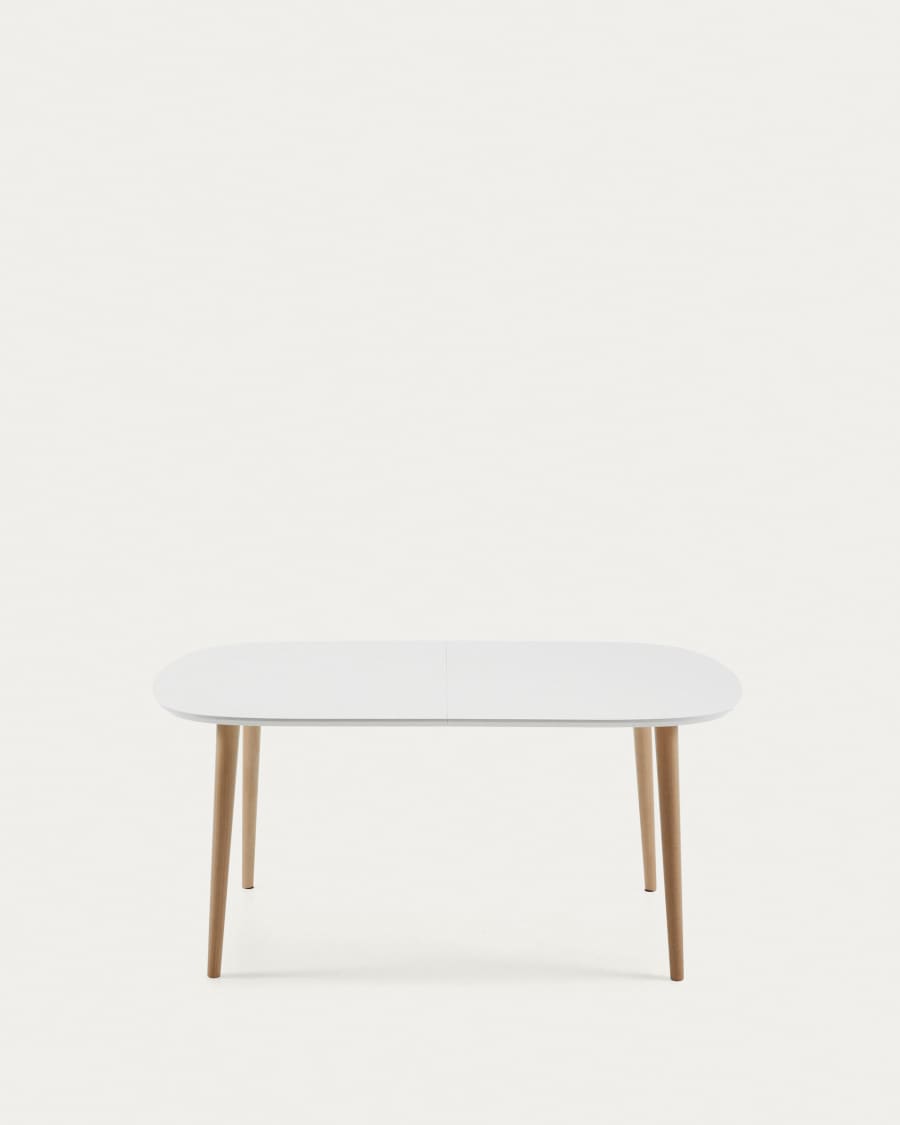 Oqui extendable oval table with an oak veneer and solid wood legs, Ø 160 (260) x 100 cm