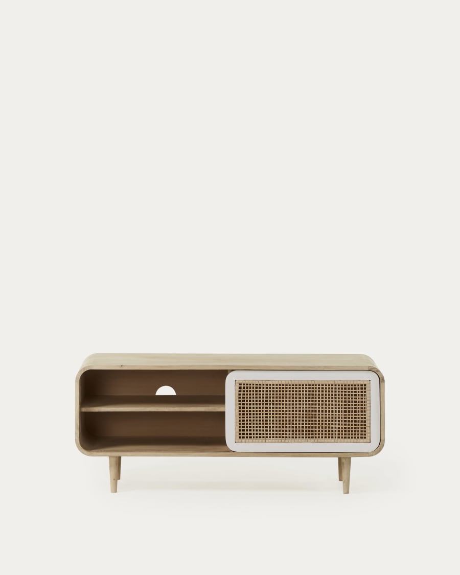 Georg solid mango wood single door TV stand with cane, 120 x 50 cm