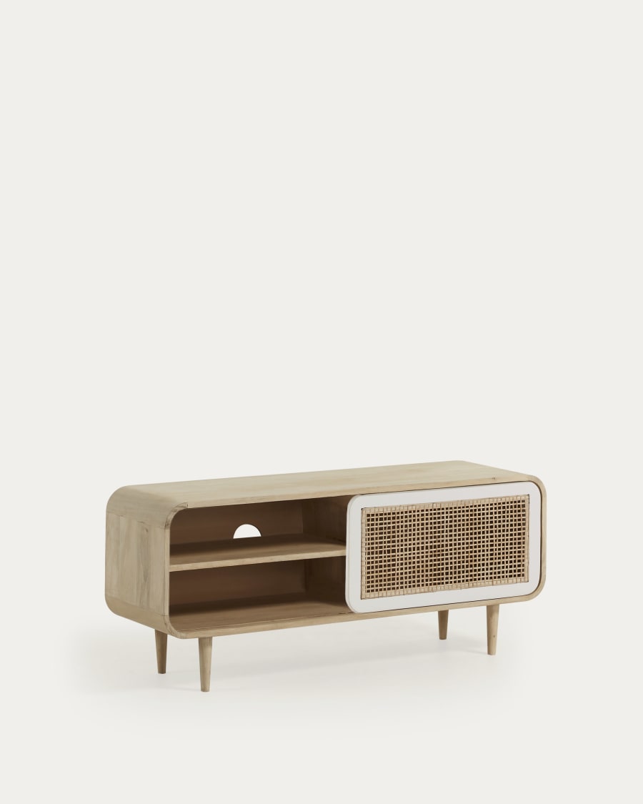Georg solid mango wood single door TV stand with cane, 120 x 50 cm