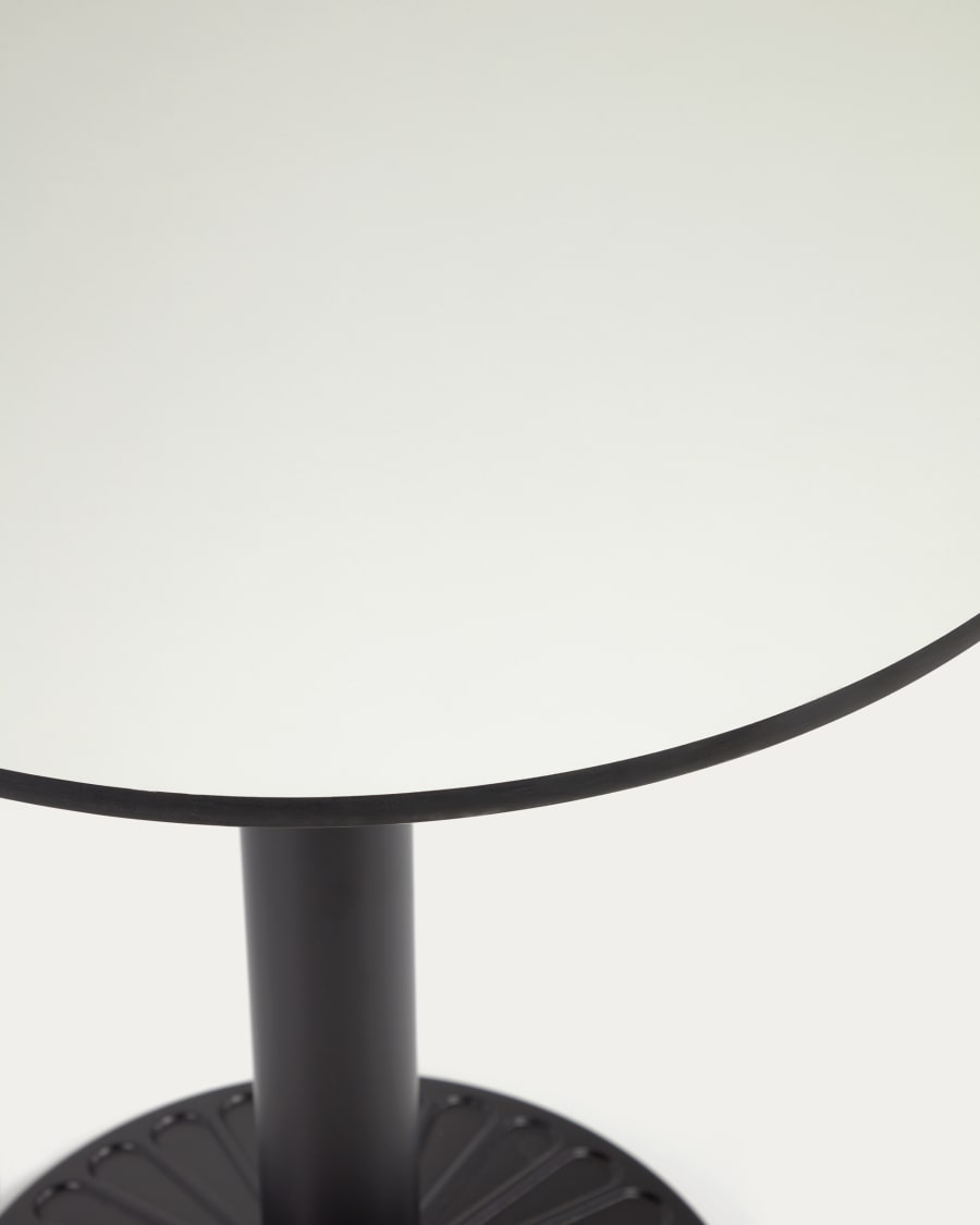 Tiaret circular outdoor table in white with metal legs and a black painted finish, Ø 68 cm
