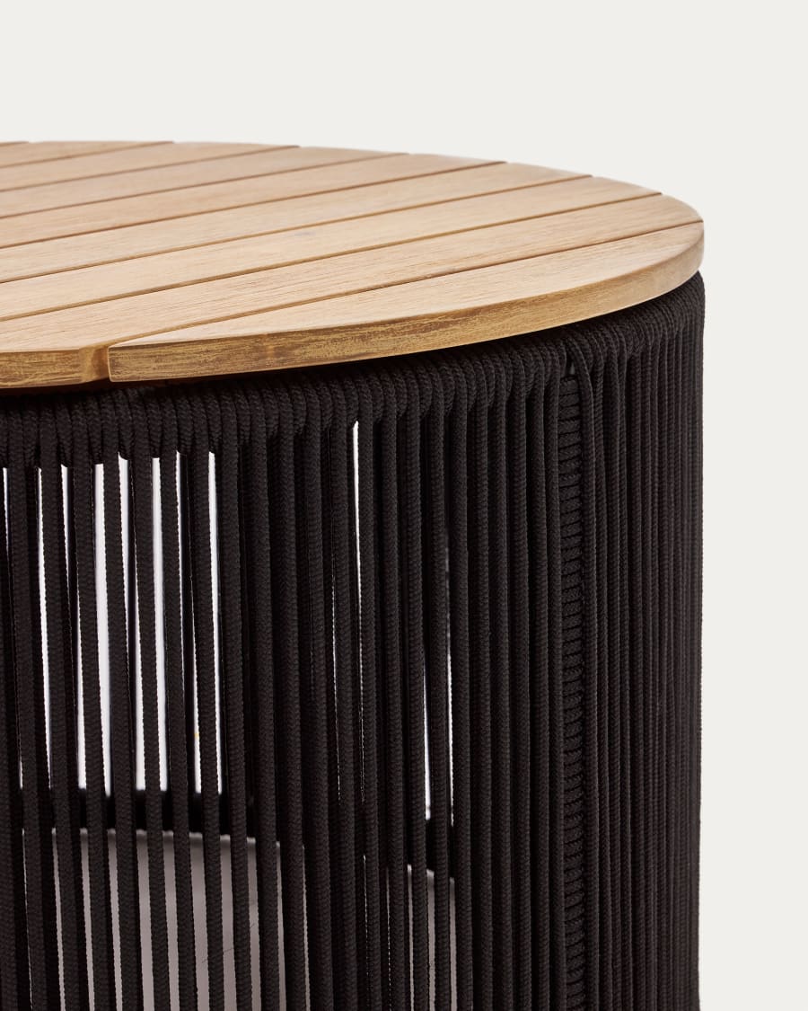 Dandara coffee table made of steel, black cord and solid acacia wood, Ø70 cm FSC 100%