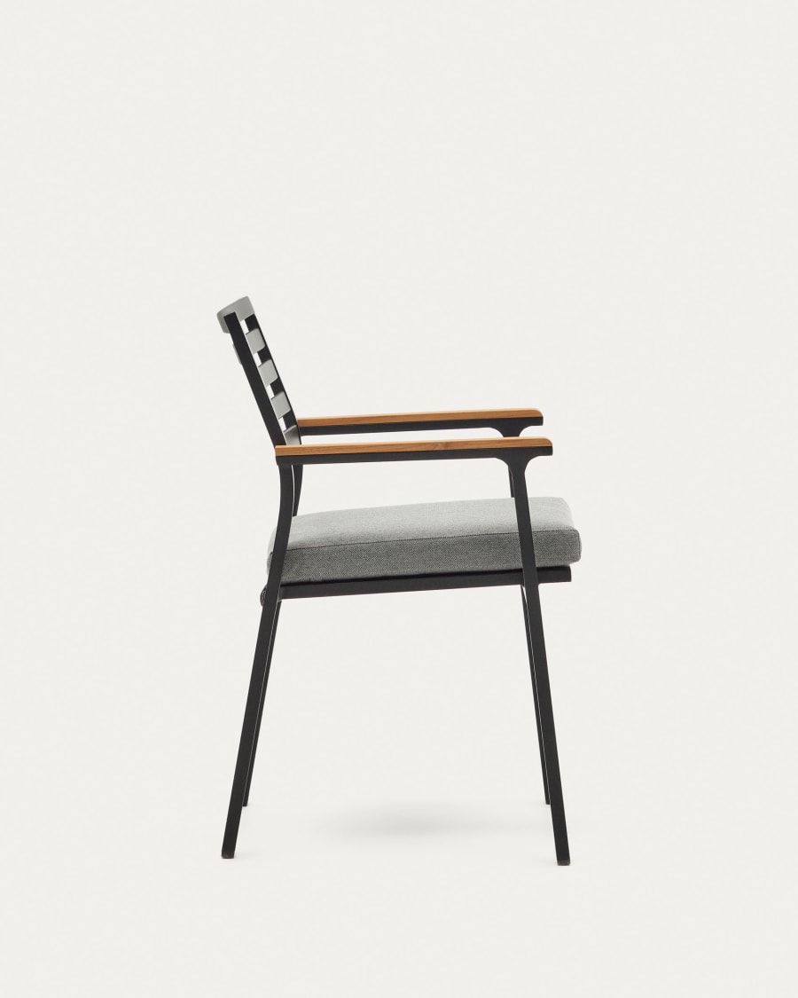 Bona stackable aluminium garden chair with a black finish and solid teak wood armrests