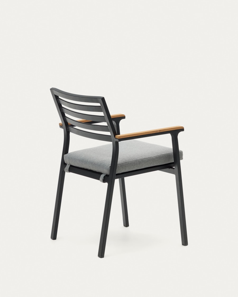 Bona stackable aluminium garden chair with a black finish and solid teak wood armrests