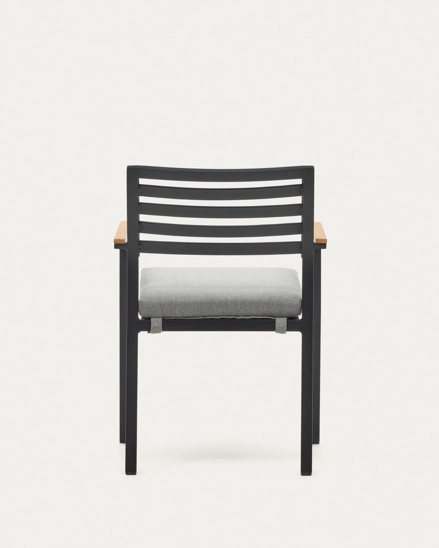 Bona stackable aluminium garden chair with a black finish and solid teak wood armrests