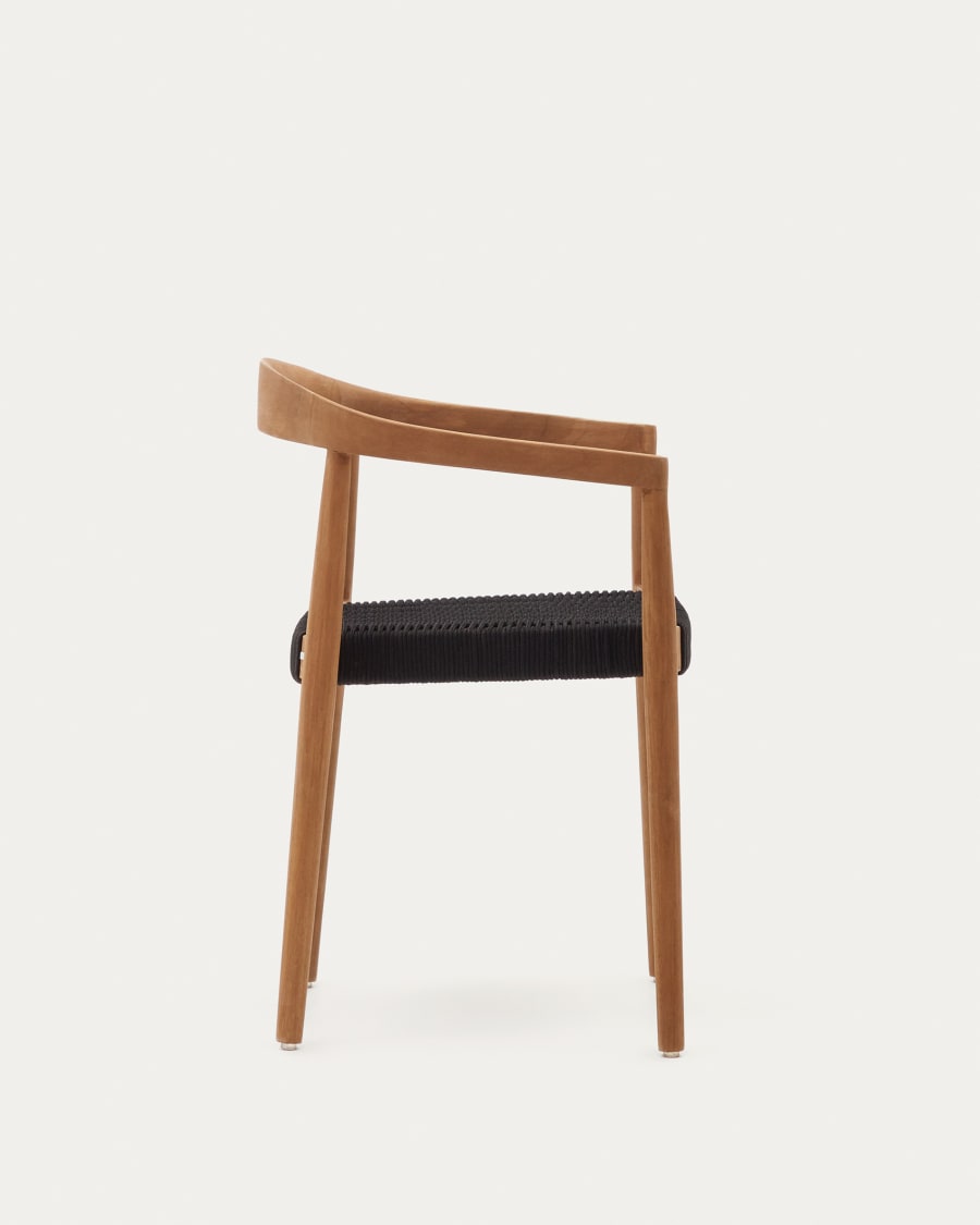 Ydalia stackable outdoor chair in solid teak wood with natural finish and black rope
