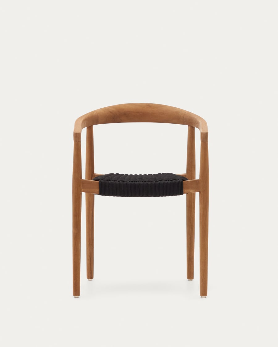 Ydalia stackable outdoor chair in solid teak wood with natural finish and black rope
