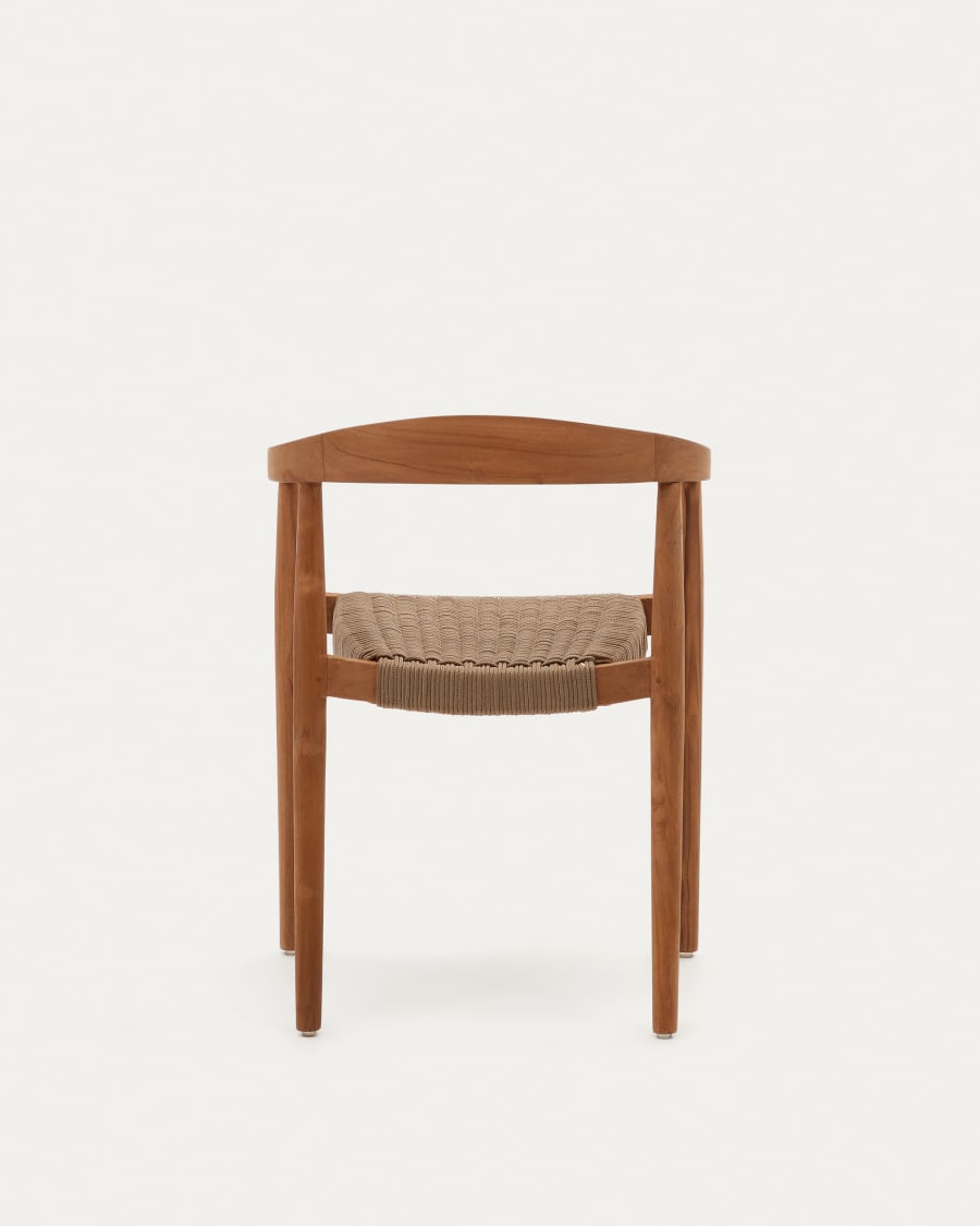 Ydalia stackable outdoor chair in solid teak wood with natural finish and beige rope