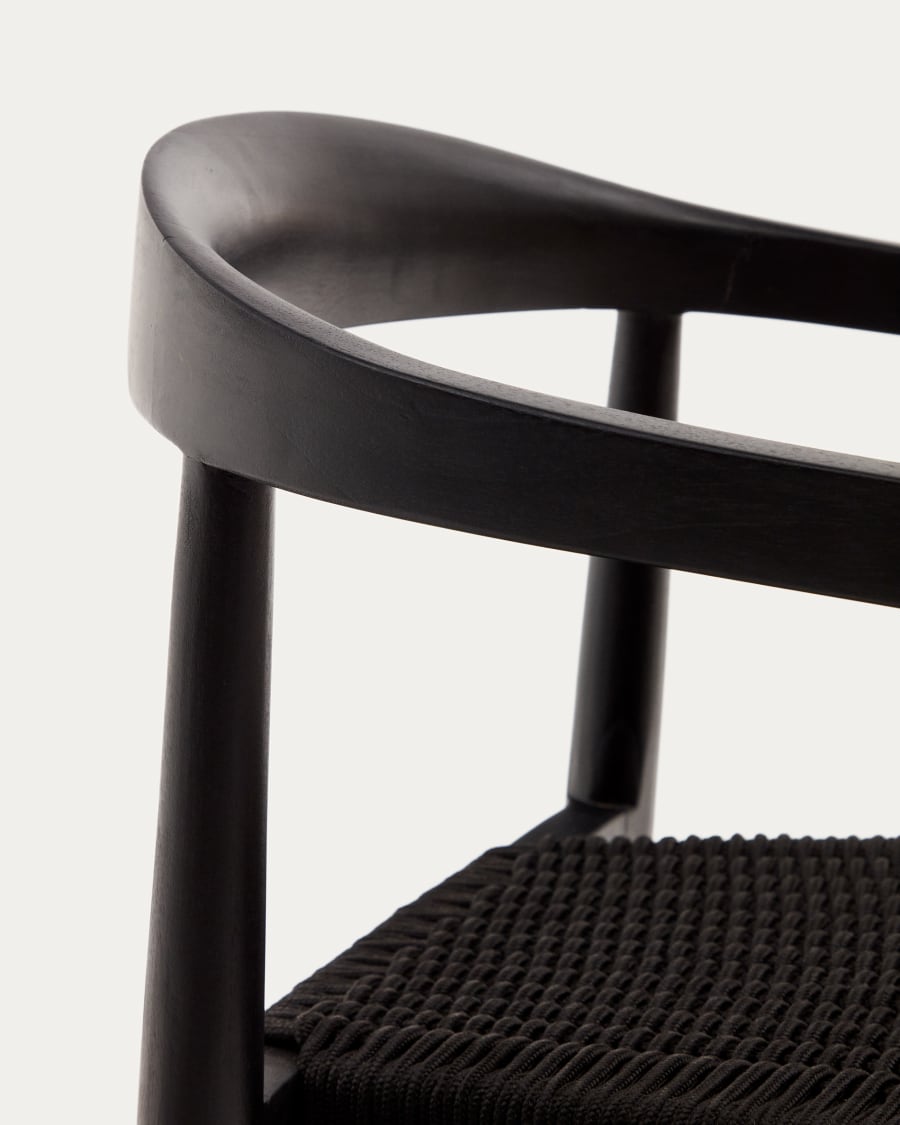 Ydalia stackable outdoor chair in solid teak wood with black finish and black rope