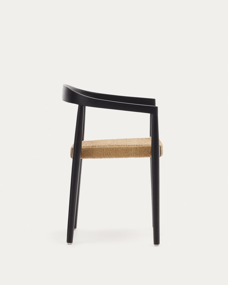 Ydalia stackable outdoor chair in solid teak wood with black finish and synthetic rattan rope