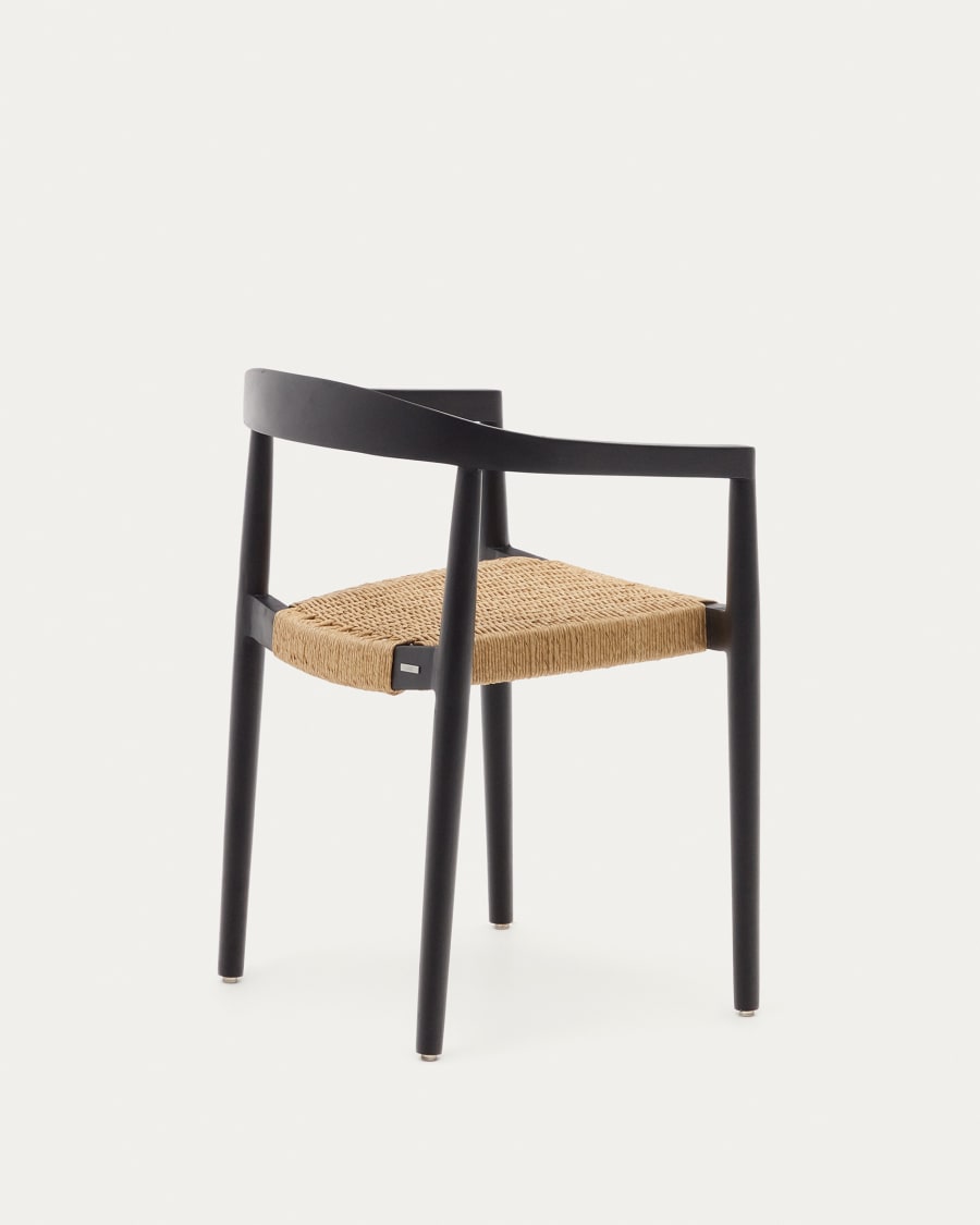 Ydalia stackable outdoor chair in solid teak wood with black finish and synthetic rattan rope