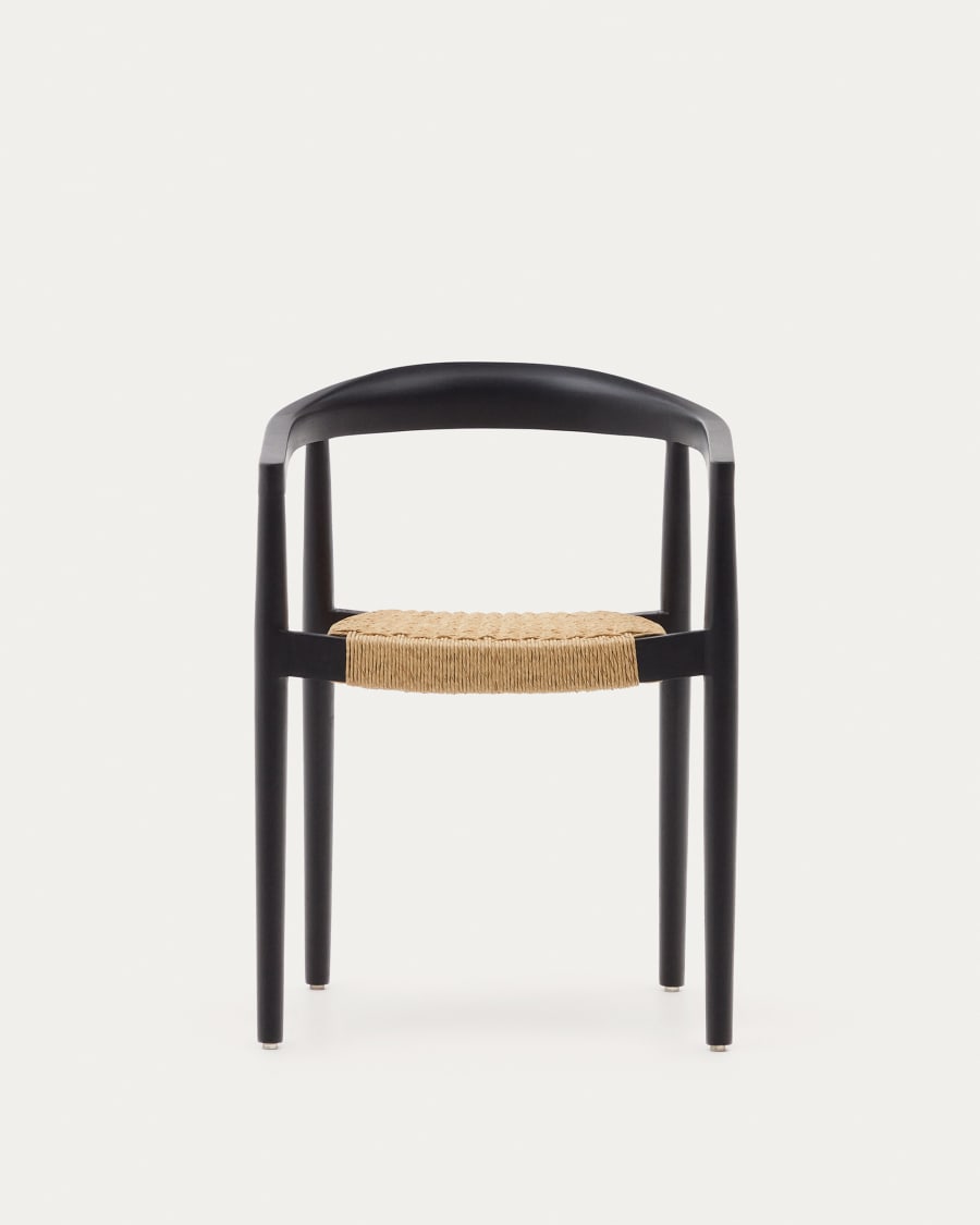 Ydalia stackable outdoor chair in solid teak wood with black finish and synthetic rattan rope