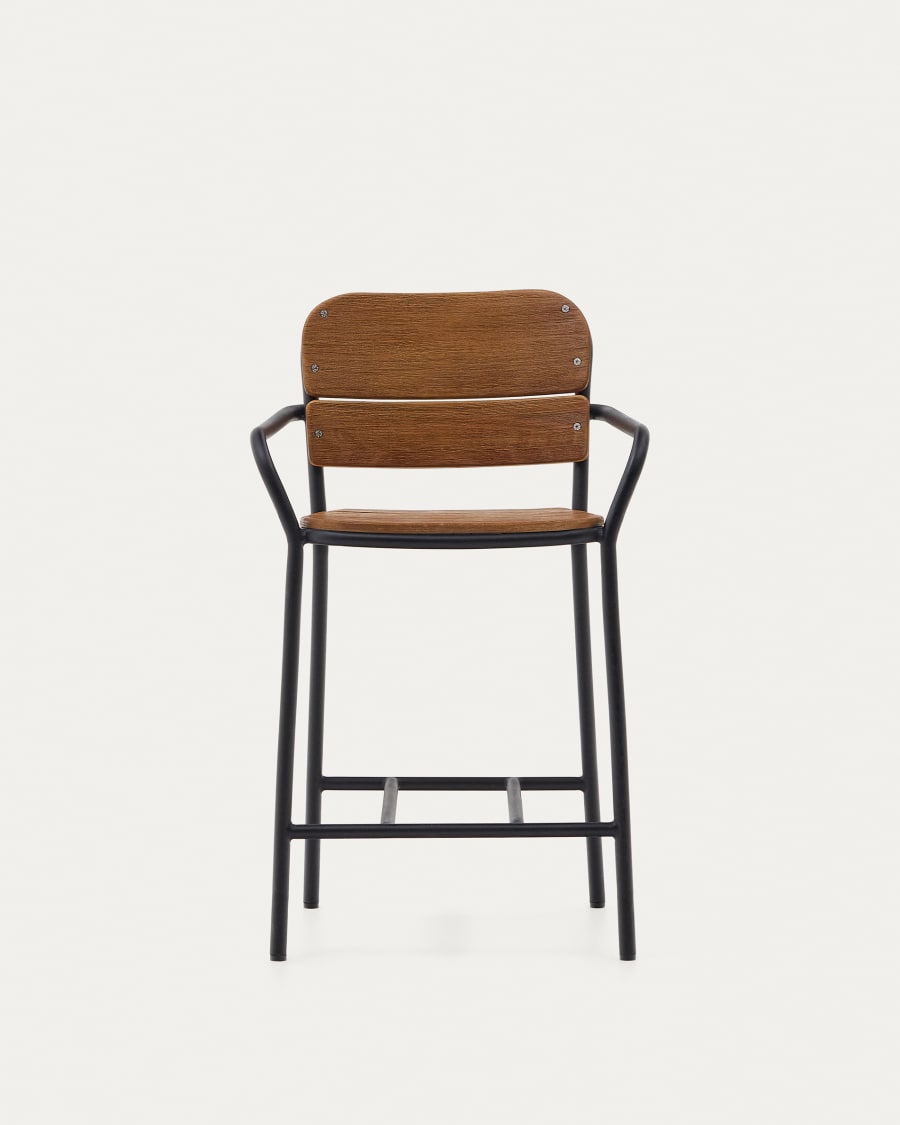 Algueret Hocker aus massivem Eukalyptusholz, Naturfinish, schwarzes Aluminium, 65 cm, FSC 100%