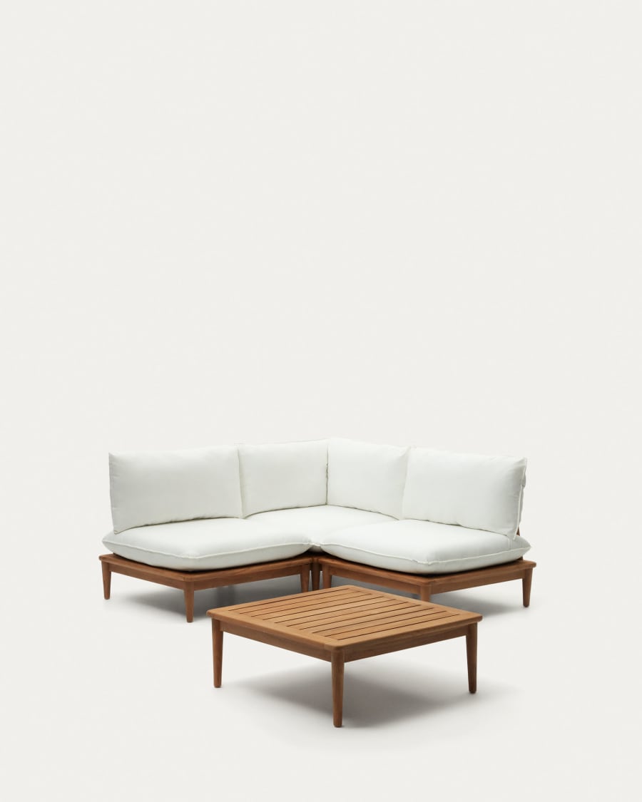 Portitxol set of 1 corner armchair, 2 modular armchairs and coffee table in solid teak