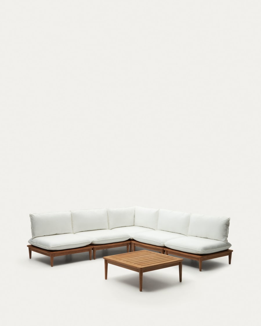 Portitxol set of 1 corner armchair, 4 modular armchairs and coffee table in solid teak