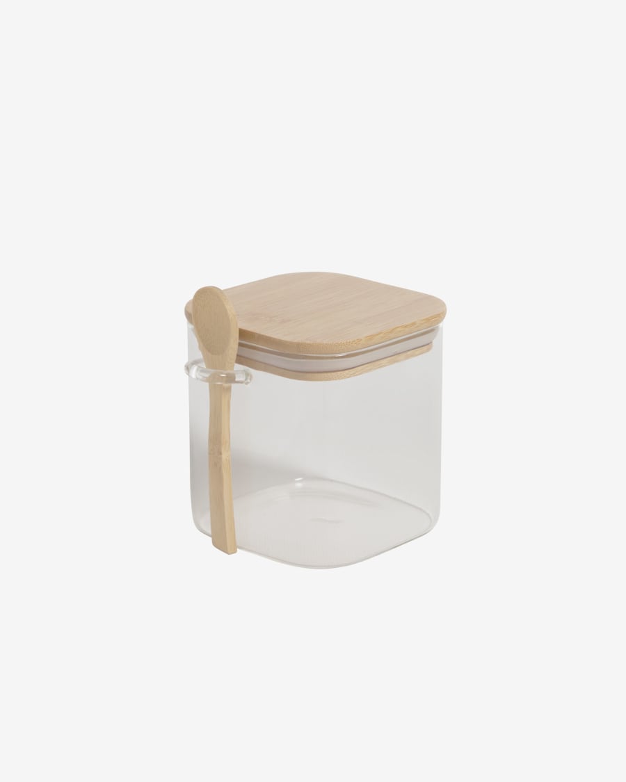 Ilaria small jar with spoon, in transparent glass and bamboo
