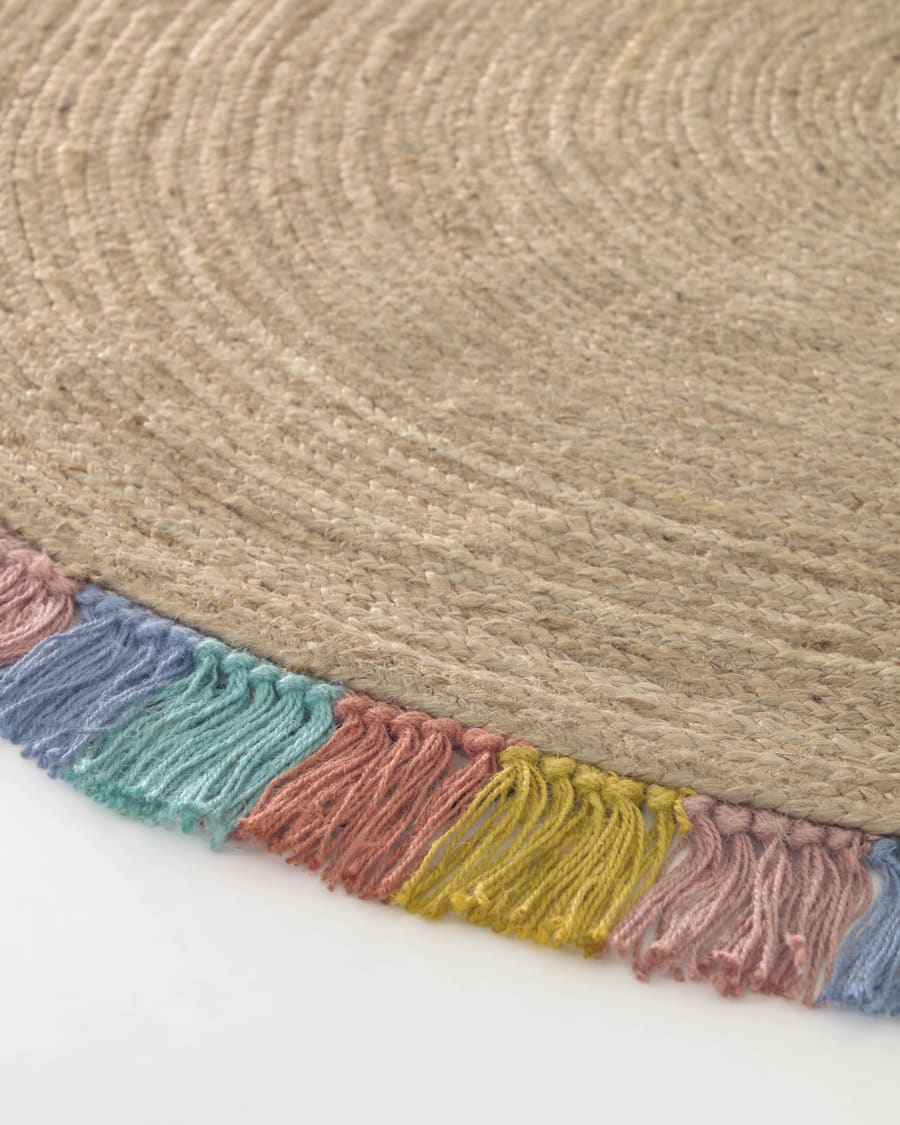 Deisy round rug in jute with multicoloured fringe Ø 120 cm