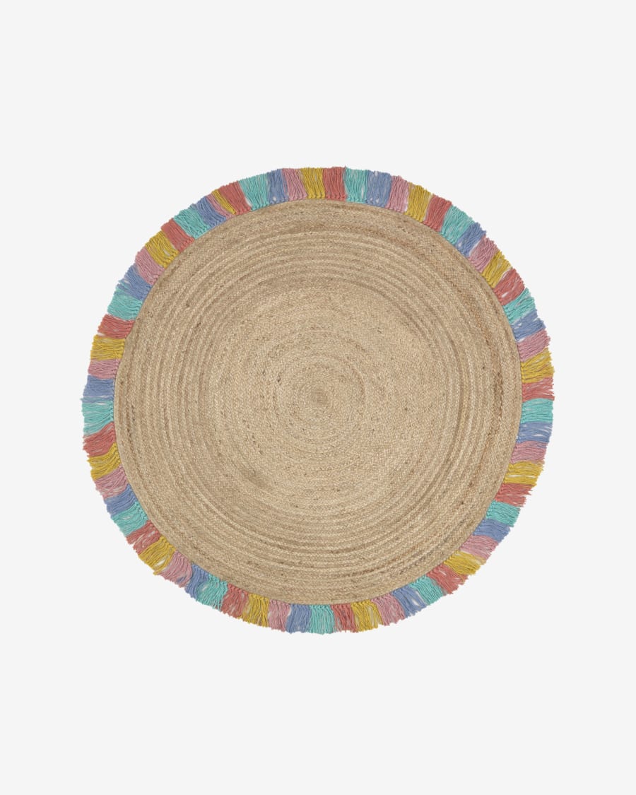 Deisy round rug in jute with multicoloured fringe Ø 120 cm