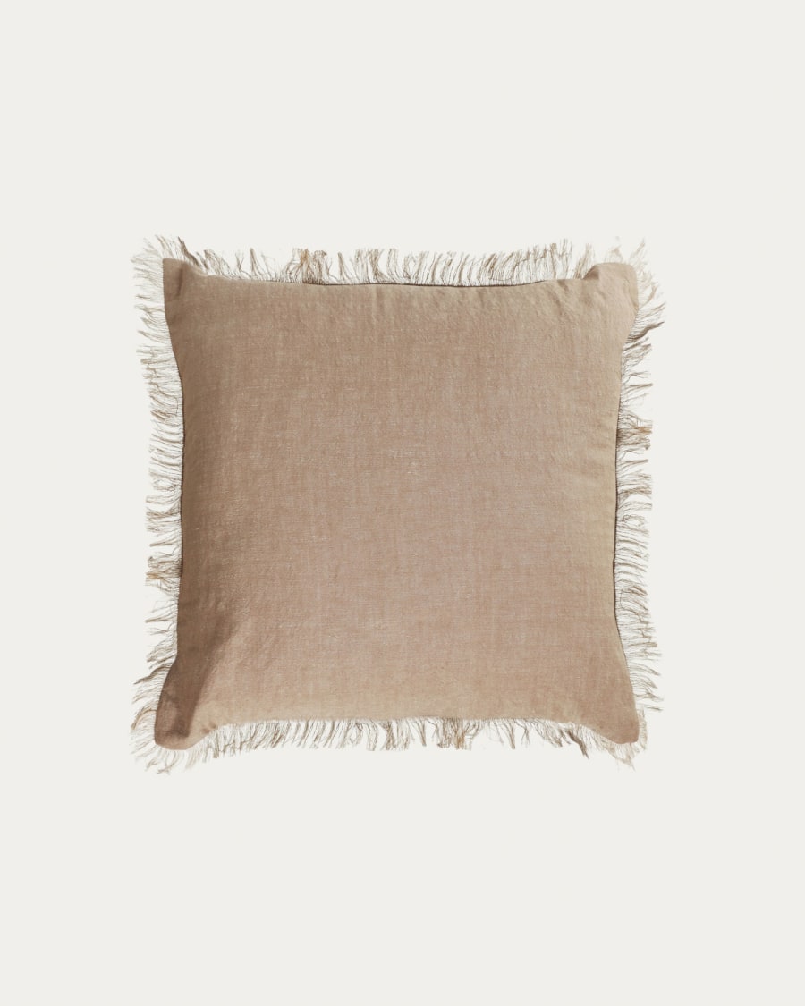 Abinadi beige cotton and linen cushion cover with fringe 45 x 45 cm