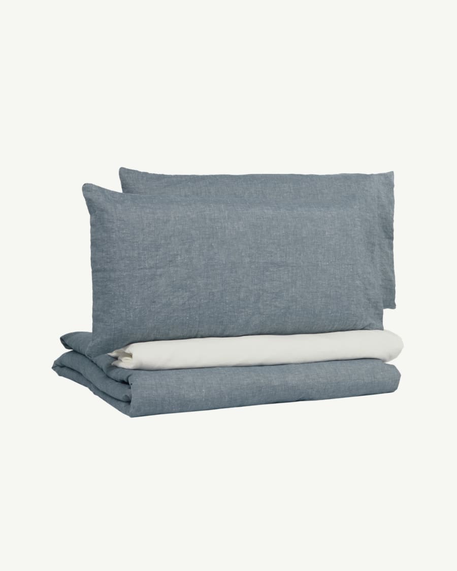 Eglant duvet cover, sheet & pillowcase set in blue GOTS cotton and linen 180 x 200 cm