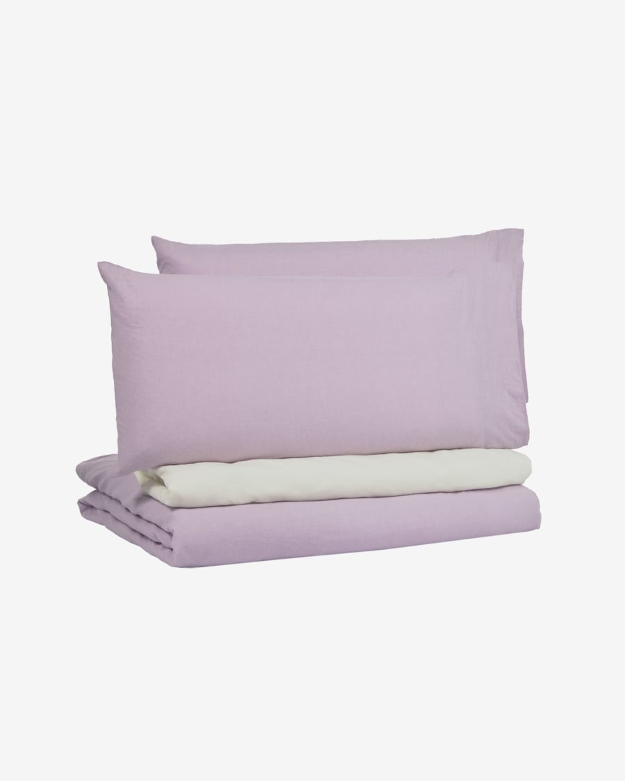 Dileta 100% GOTS cotton duvet cover, fitted sheet, and cushion cover in mauve, 135 x 190 cm