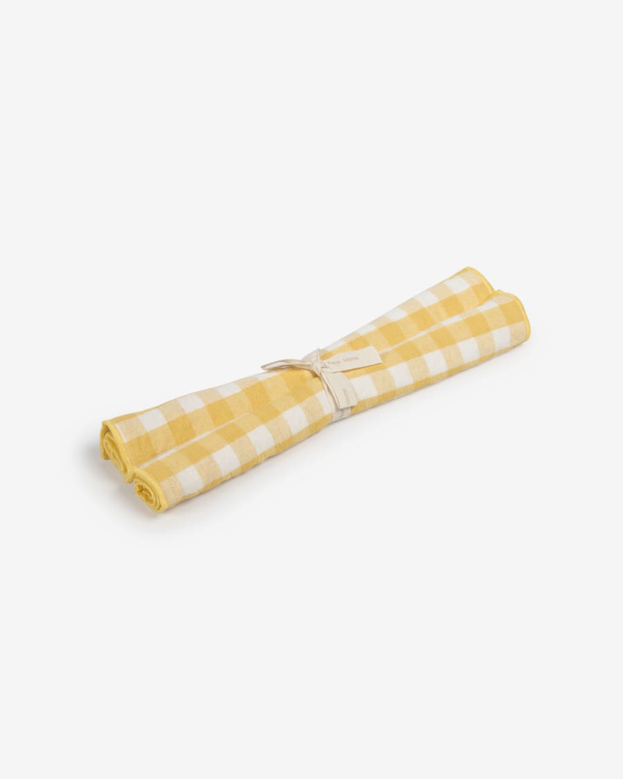 Eyen set of two white and yellow checks cotton and linen placemats