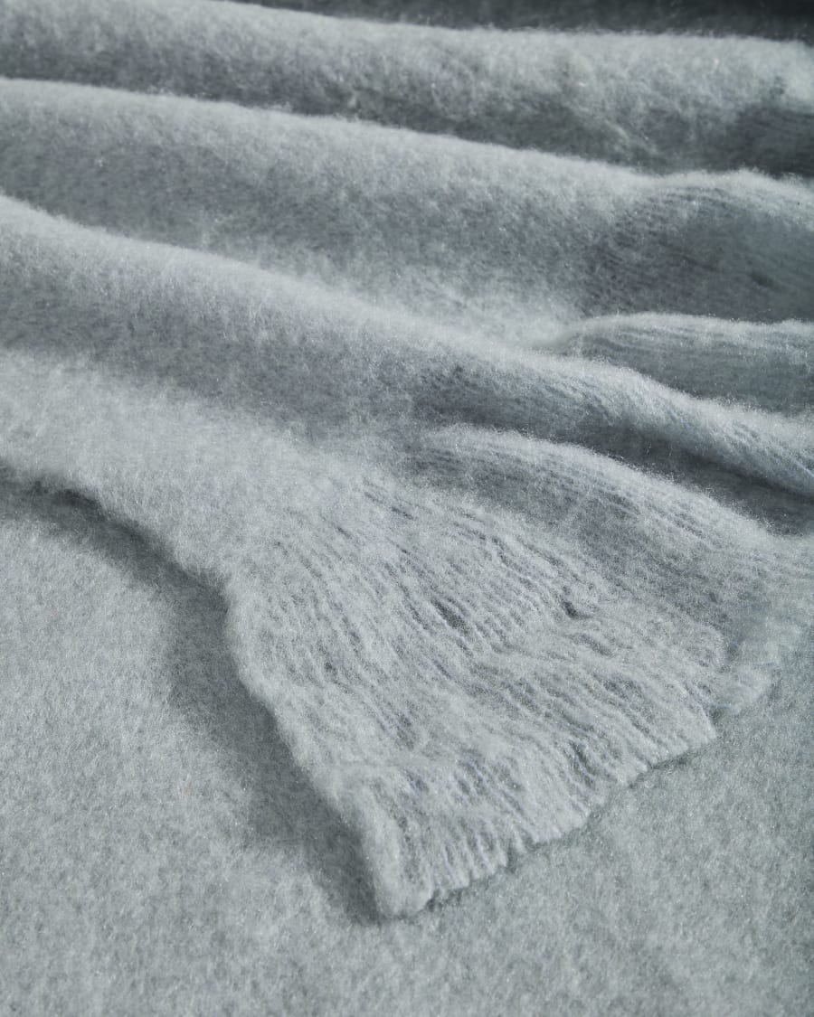 Μάλλινη κουβέρτα Haru, μπλε με κρόσσια, 125x150εκ