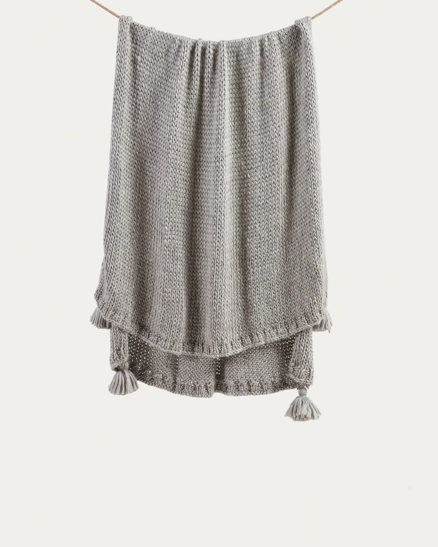 Μάλλινη κουβέρτα Jandra, γκρι με φούντες, 125x150εκ