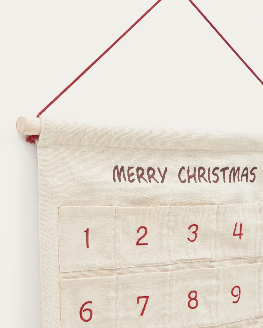 Nahir advent calender 100% in red and natural colour cotton, 56 x 65 cm