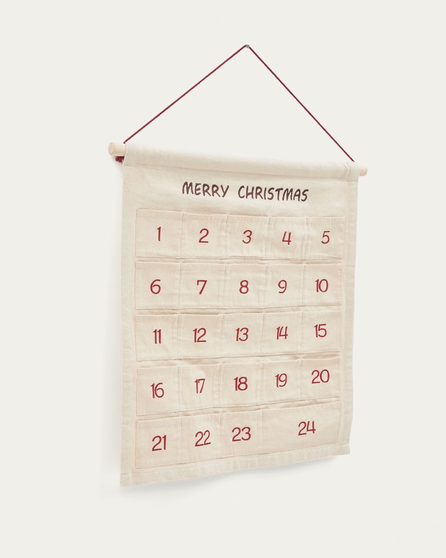 Nahir advent calender 100% in red and natural colour cotton, 56 x 65 cm