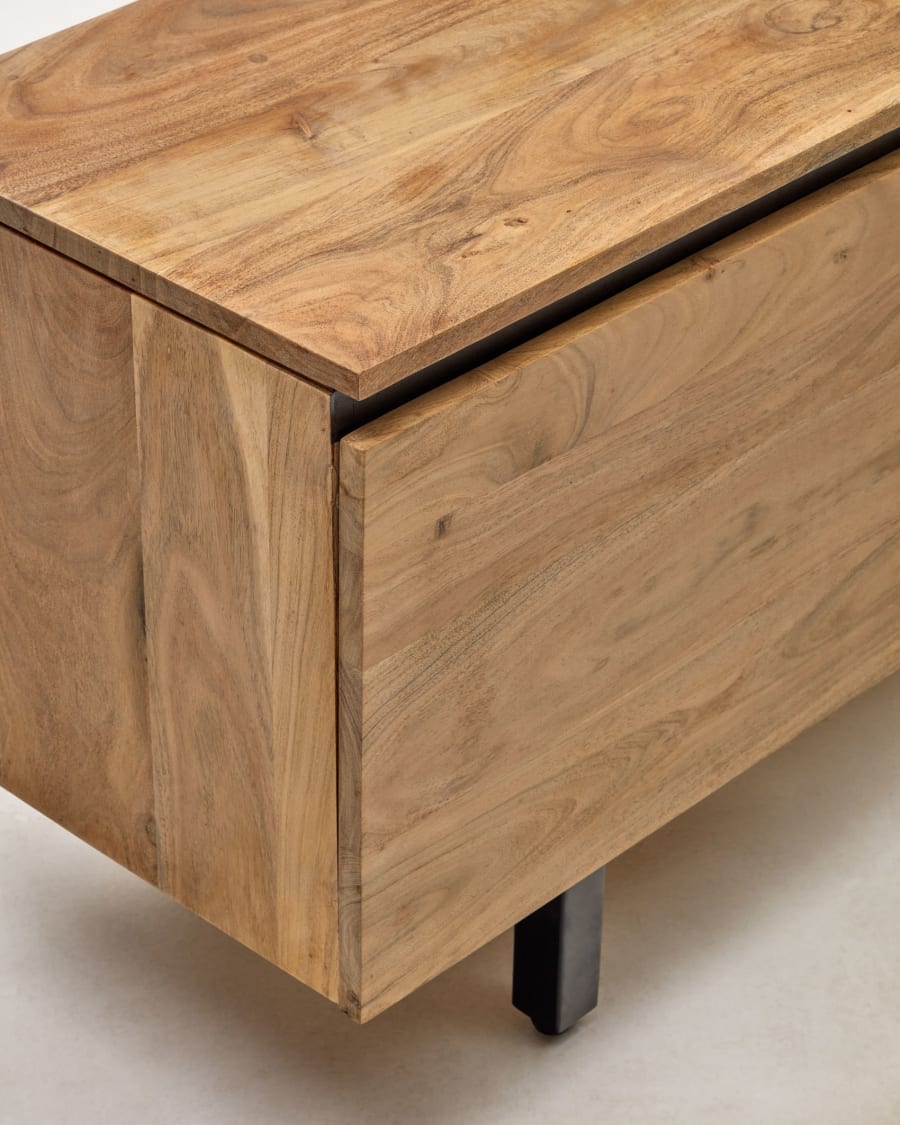 Uxue TV stand with 3 solid acacia wood doors in a natural finish, 150 x 58 cm