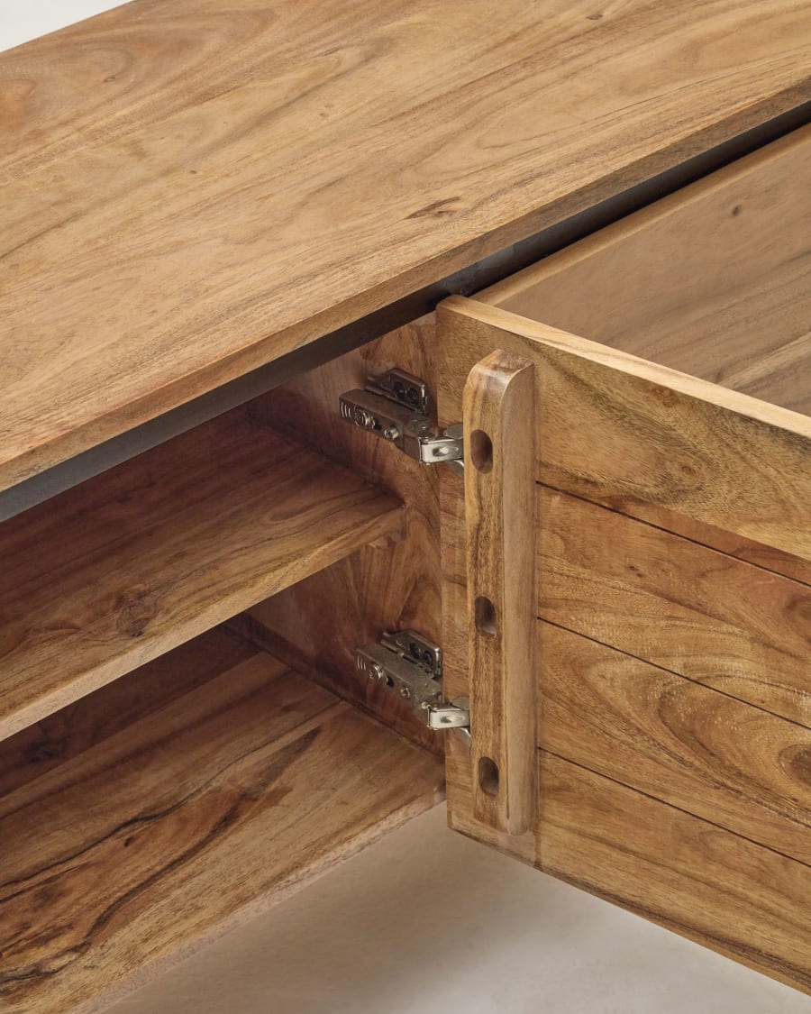 Uxue TV stand with 3 solid acacia wood doors in a natural finish, 150 x 58 cm
