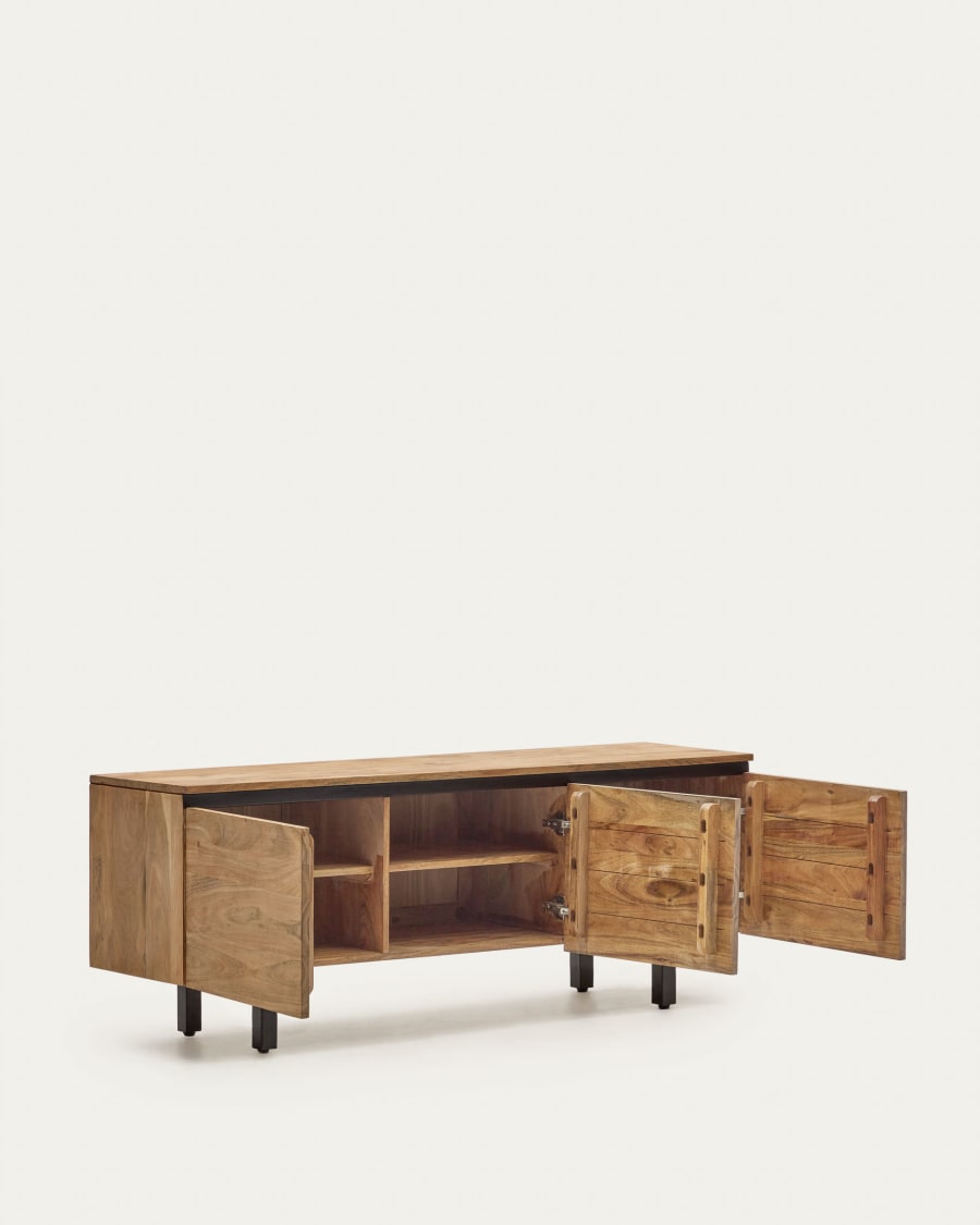 Uxue TV stand with 3 solid acacia wood doors in a natural finish, 150 x 58 cm