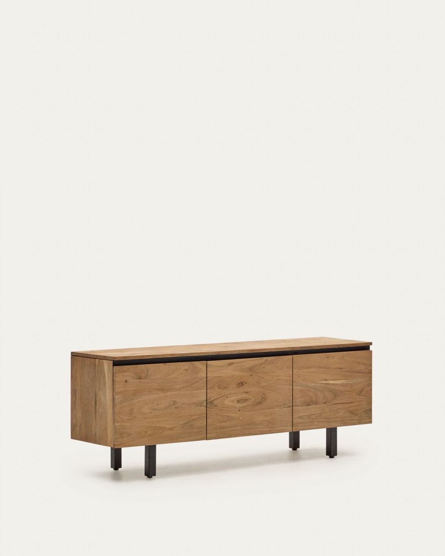 Uxue TV stand with 3 solid acacia wood doors in a natural finish, 150 x 58 cm
