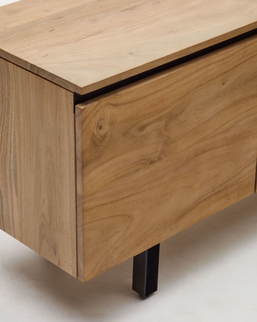 Uxue TV stand with 4 solid acacia wood doors in a natural finish, 200 x 58 cm