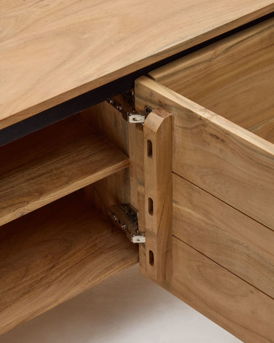 Uxue TV stand with 4 solid acacia wood doors in a natural finish, 200 x 58 cm