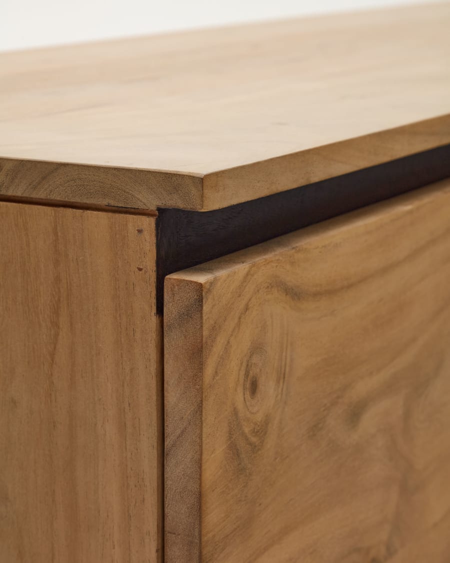 Uxue TV stand with 4 solid acacia wood doors in a natural finish, 200 x 58 cm