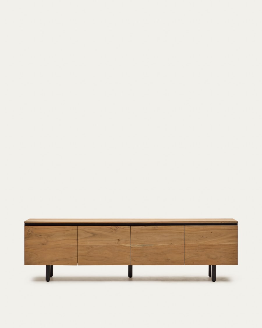 Uxue TV stand with 4 solid acacia wood doors in a natural finish, 200 x 58 cm