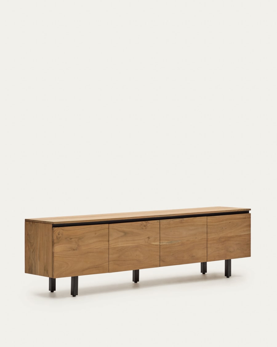 Uxue TV stand with 4 solid acacia wood doors in a natural finish, 200 x 58 cm