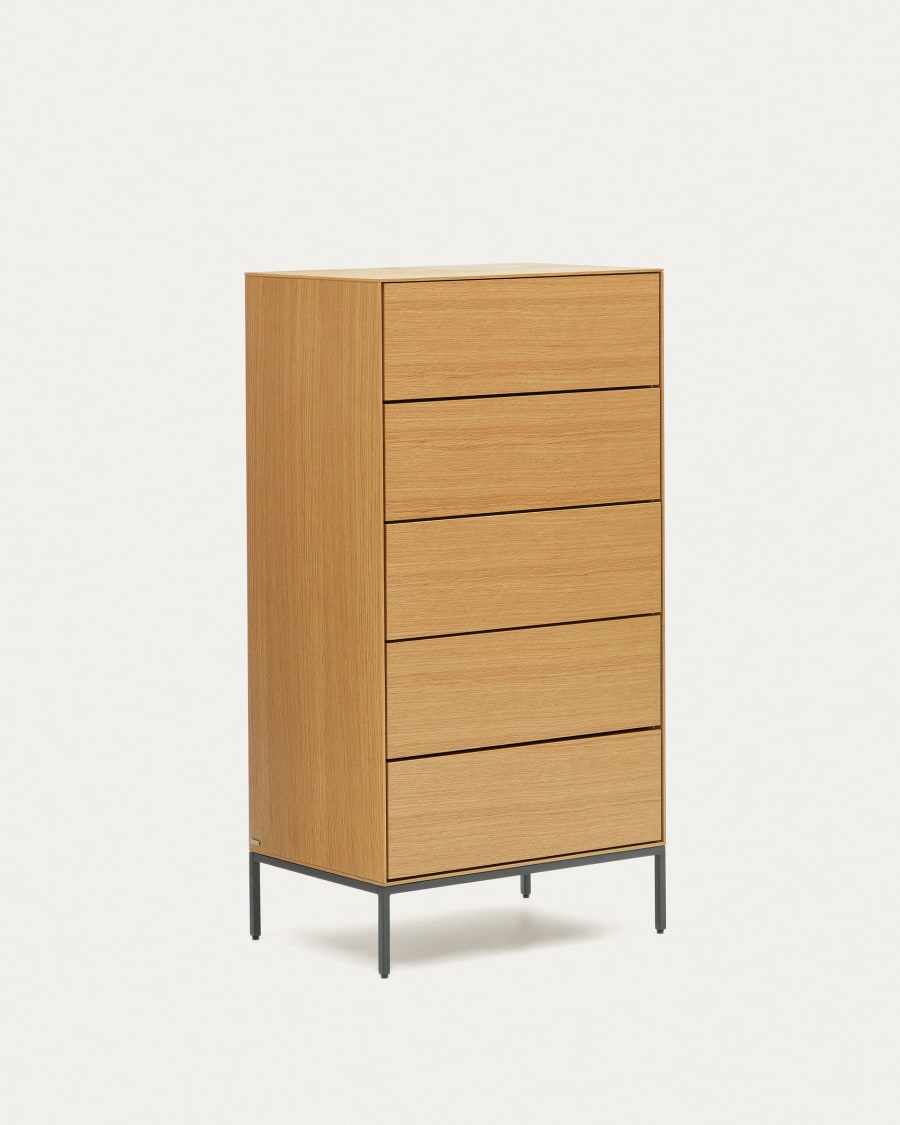 Vedrana 5 drawer chest of drawers in oak veneer with black steel legs, 60 x 114 cm
