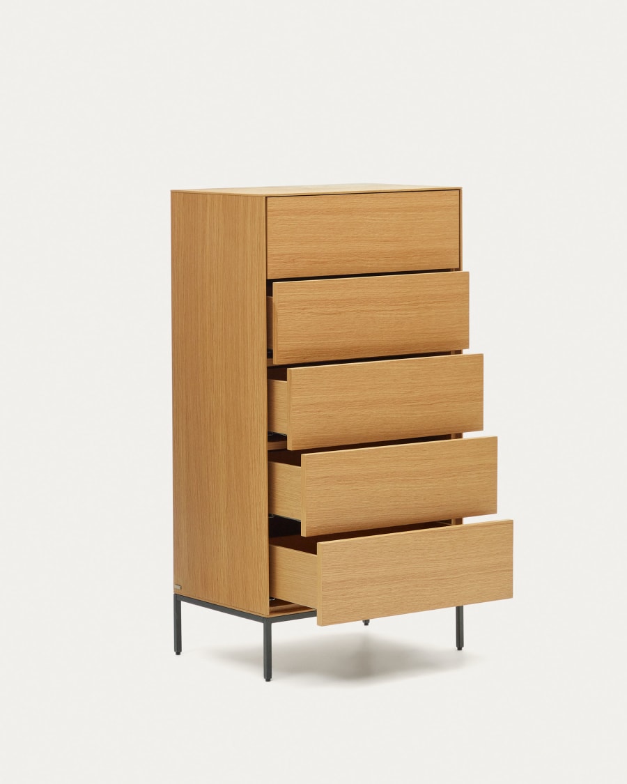 Vedrana 5 drawer chest of drawers in oak veneer with black steel legs, 60 x 114 cm
