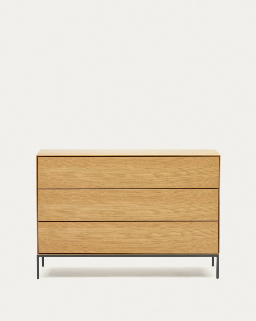 Vedrana 3 drawer chest of drawers in oak veneer with black steel legs, 110 x 75 cm