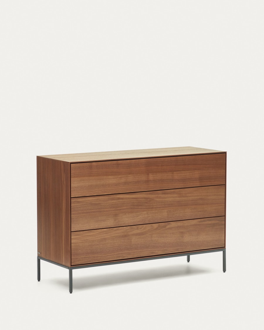 Vedrana 3 drawer chest of drawers in walnut veneer with black steel legs, 110 x 75 cm