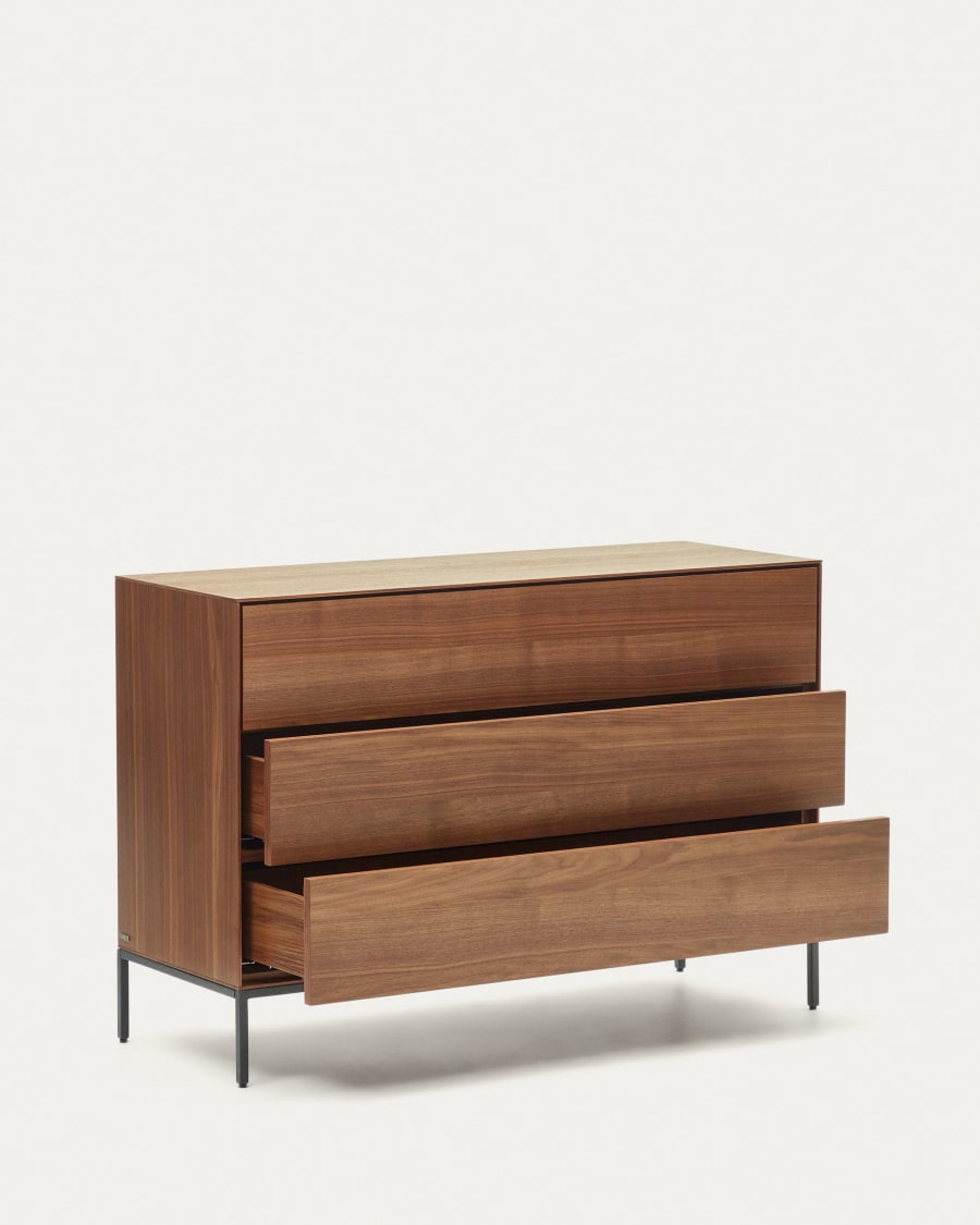 Vedrana 3 drawer chest of drawers in walnut veneer with black steel legs, 110 x 75 cm
