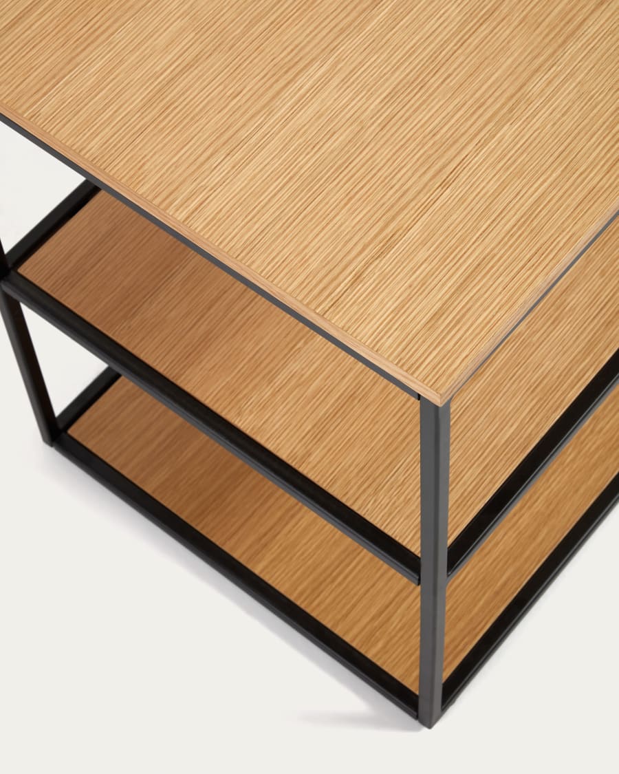 Yoana TV stand with an oak wood veneer and painted black metal structure, 160 x 40 cm