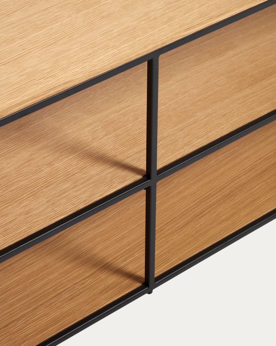 Yoana TV stand with an oak wood veneer and painted black metal structure, 160 x 40 cm