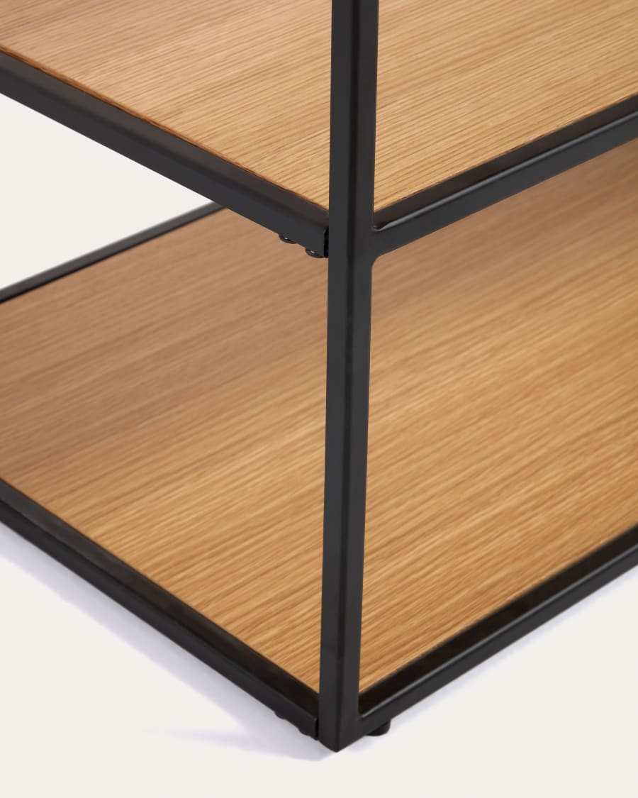 Yoana TV stand with an oak wood veneer and painted black metal structure, 160 x 40 cm