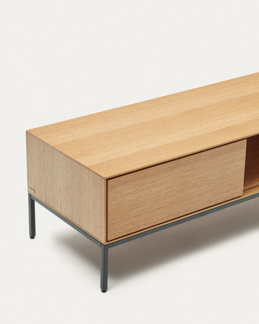 Vedrana 3 drawer TV stand in oak veneer with black steel legs, 195 x 35 cm